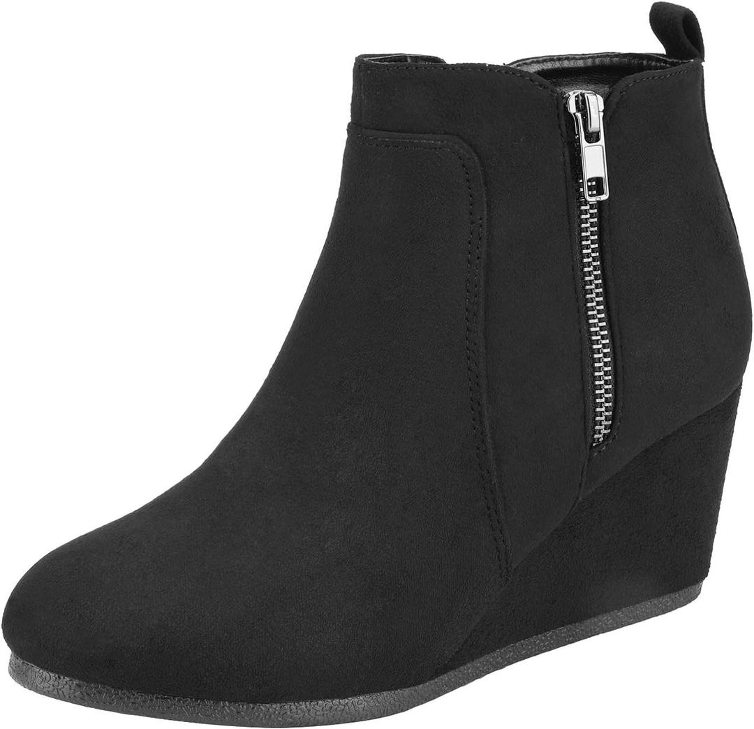 DREAM PAIRS Women's Suede Low Wedges Ankle Boots (9.5, Double/Black/Suede)