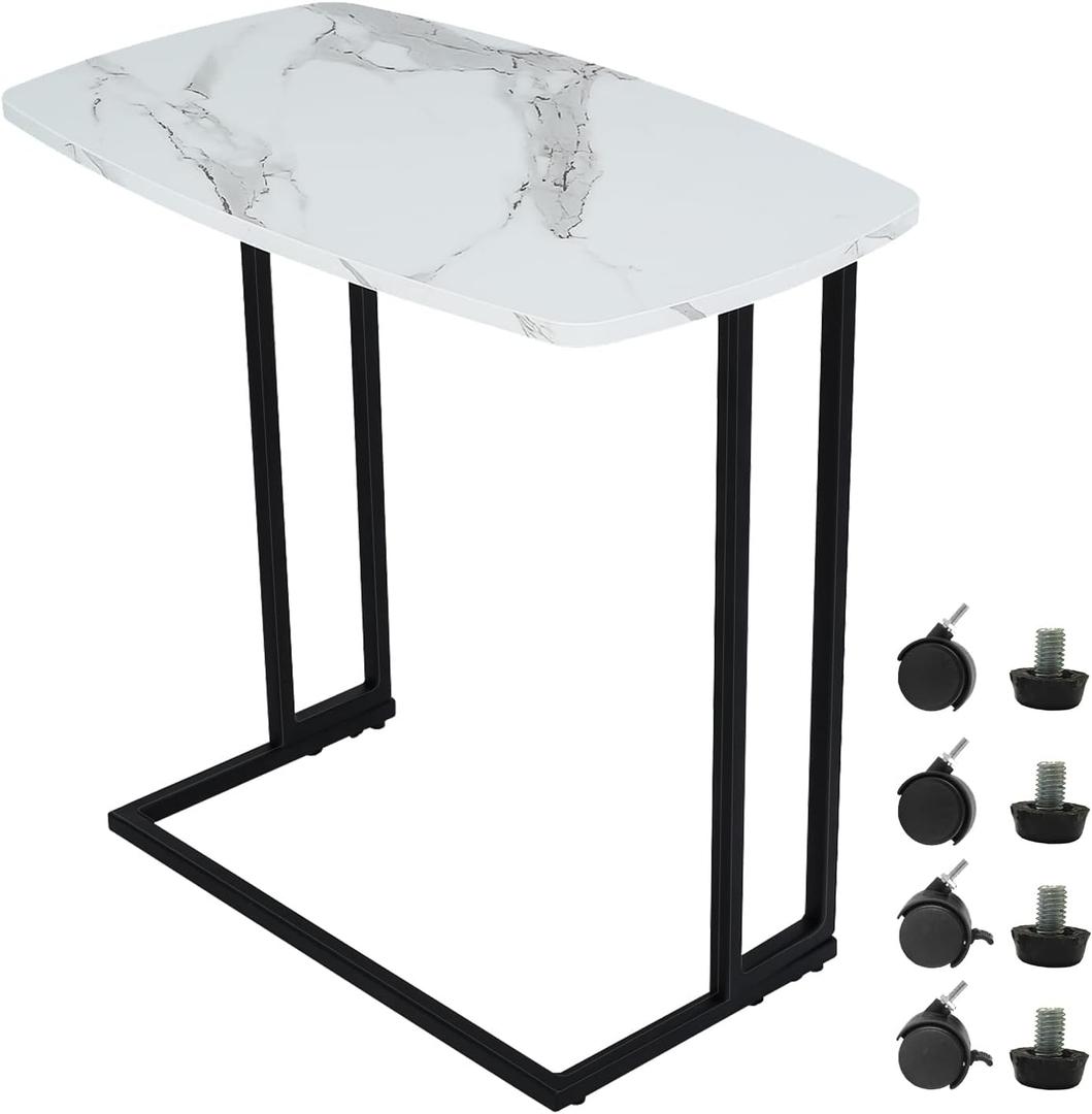 C Shaped End Table, Small Side Table for Couch, TV Tray Table with Detachable Wheels and Metal Frame, White Marble Texture Sofa Table, for Living Room, Bedroom, Bedside, White (Medium, Lg White)