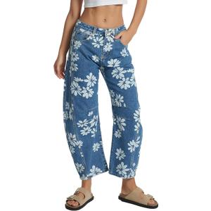 D-Sun Women Printed Barrel Jeans Casual Low Rise Floral Printed Cropped Wide Leg Denim Pants Boyfriend Baggy Jean with Pocket (Blue)
