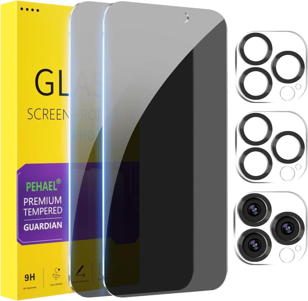 PEHAEL for iPhone 16 Pro Privacy Screen Protector+Camera Lens Protector
3+3 Pack, Installation Frame, Cleaning kits, Anti-Spy Private, Anti-Scratch, 9H Tempered Glass, Case Friendly, [6.3 inch]
