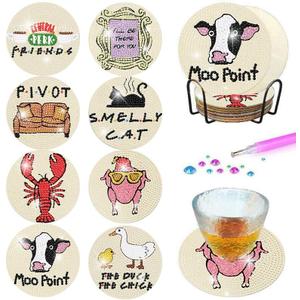 8 Pcs Diamond Painting Coasters- 5D Friends Diamond Painting Coasters Kits，DIY Diamond Art Coasters with Holder Non Slip Coaster Crystal Sticky for Tabletop Protection and Gifts （3.94x3.94Inch)