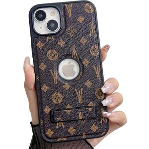 Compatible with iPhone 15 Case Luxury Designer for Women Girls Protective Leather Case with Kickstand Logo View Shockproof Phone Cover for iPhone 15-6.1(Brown)