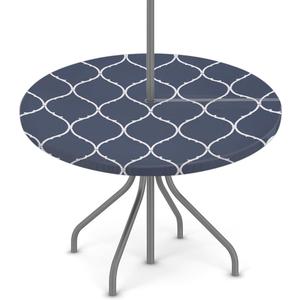 Blue White Moroccan Pattern Outdoor Tablecloth with Umbrella Hole, Round Elastic Fitted Table Cloth with Zipper, Waterproof Picnic Patio Table Covers Fits 36-44 in Tables