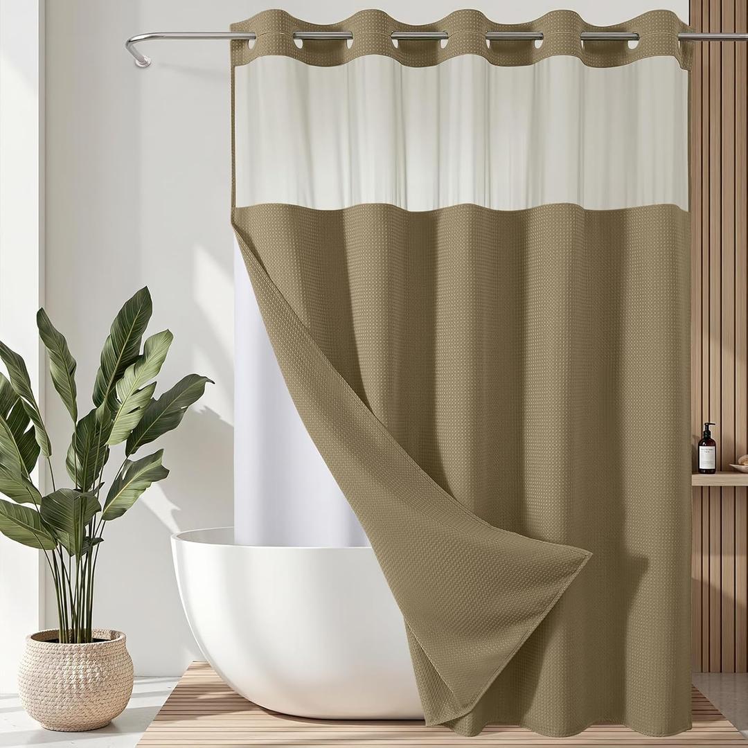VANZAVANZU Hookless Shower Curtain with Mesh Top and Snap in Waterproof Liner, Waffle Weave, Weighted Magnets Hem, Machine Washable, 72 x 75 Inches Beige