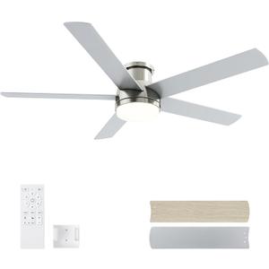 52 Inch Brushed Nickel Ceiling Fan with Light, Flush Mount and Remote Control, Dimmable 3-Color Temperature LED, 6-Speed Reversible DC Motor, 5-Blade Modern Design for Indoor or Outdoor
