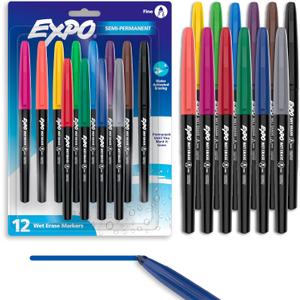 EXPO Wet Erase Markers, Semi-Permanent, Assorted Colors, Fine Tip, 12 Count - For Writing on Glass, Whiteboards, Mirrors, Calendar, Labeling, Organizing