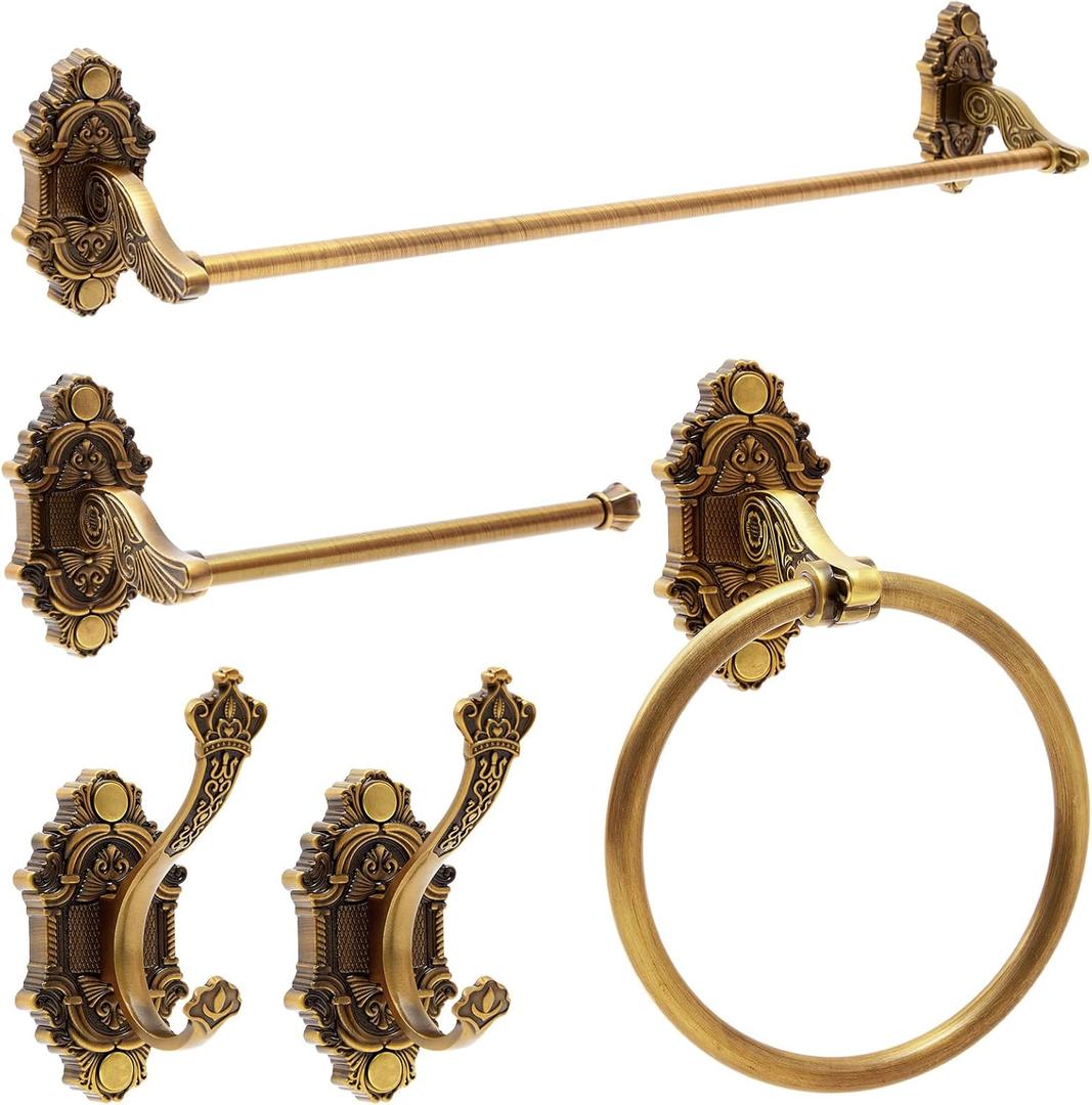 Zonon 5 Pieces Antique Brass Bathroom Hardware Accessories Set Vintage Towel Rack Toilet Paper Holder Towel Ring Robe Hook Wall Mounted for Bathroom Toilet Kitchen(Elegant)