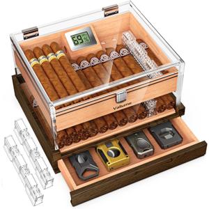 VALLUME Acrylic Humidor Box,High-Definition Transparent Cigar Case,Lock Latches and 90-Degree Opening Hinges Cigar Box,Cigar Accessory Drawer,Digital Hygrometer and Humidifier,Holds About 50-60 cigars