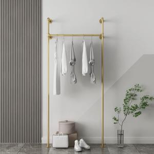 Industrial Pipe Clothing Rack On Wall,Moden Wall Mounted Closet Storage Rack,Hanging Clothes Retail Display Rack,Heavy Duty Steampunk Garment Racks,Gold (Single)
