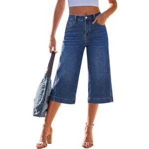 GRAPENT Capri Jeans for Women Wide Leg Trendy High Waisted Side Seam Stretchy Denim Capris Pants Summer Casual Jeans (Blue, M)