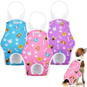 Dog Diapers Sanitary Panties with Adjustable Suspender 3 Pack Washable Reusable Dog Period Panties Pet Underwear Diaper Jumpsuits for Female Dogs in Heat Period, Cute Dog Paw Pattern, L