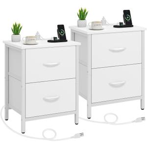 Vagusicc Nightstand Set of 2 with Charging Station, End Table Bedside Table with Power Outlet & USB Ports, Side Table with 2 Fabric Drawers for Bedroom, Living Room, White, 15.75 inches x 11.81 inches x 22.25 inches