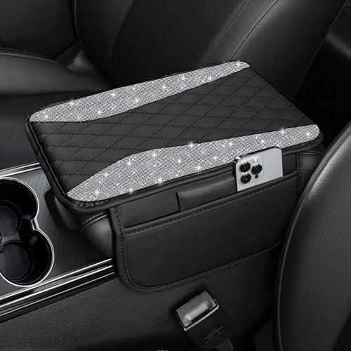 NBTEPEM Bling Car Center Console Cover, Leather Middle Console Cover with 2 Storage Bags, Universal Arm Rest Cover Protector, Bling Car Accessories Interior Fit for Most Vehicles, Silver Diamond