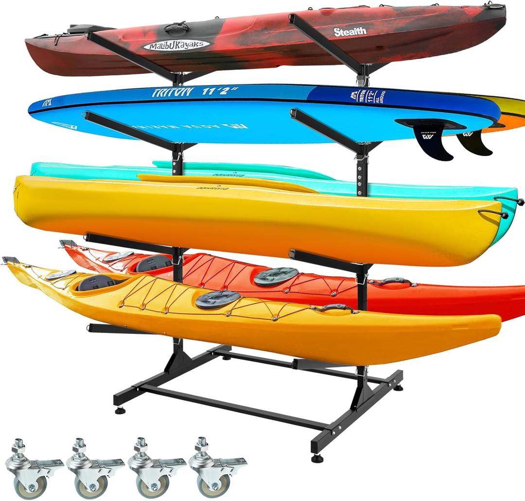 Heavy-Duty Kayak Storage Rack, Adjustable Kayak Rack for Indoor & Outdoor Use, Double Sides 4 Levels Storage Rack for Kayak, Canoe, Surfboard, Longboard, and Skateboards, Space-Saving Design