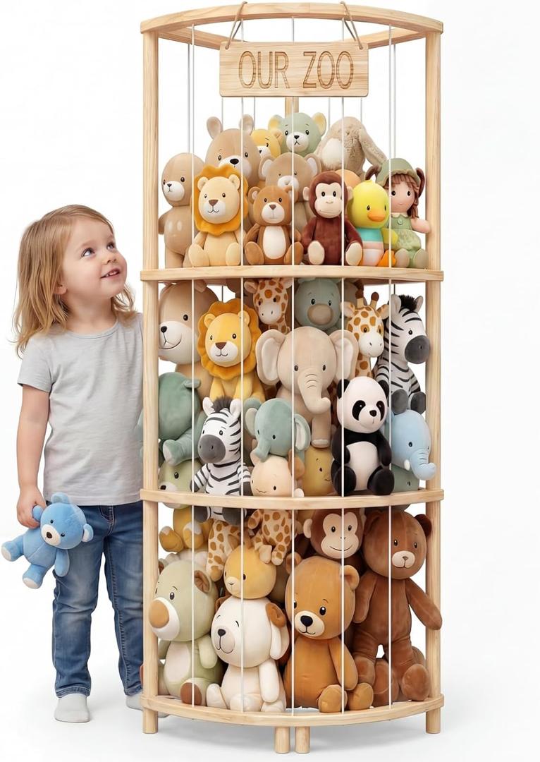 Corner Stuffed Animal Storage Tower, Large Wooden Plush Toy Storage Zoo, Arc Corner Display for Nursery & Playroom, Vertical Stuffed Animal Holder for Plushies, Teddy Bears & Toys with Wall Anchors, 15.75" 15.75" 52"