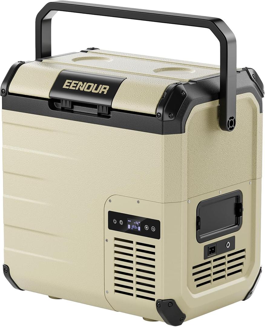 EENOUR D18 12 Volt Car Refrigerator, Portable Freezer 19Qt/18L Battery & Solar Powered Cooler 25W, -4~50, 12/24V DC, 110~240V AC, Electric Cooler Ideal for Road Trips, Camping (Battery Not Included) (Khaki)