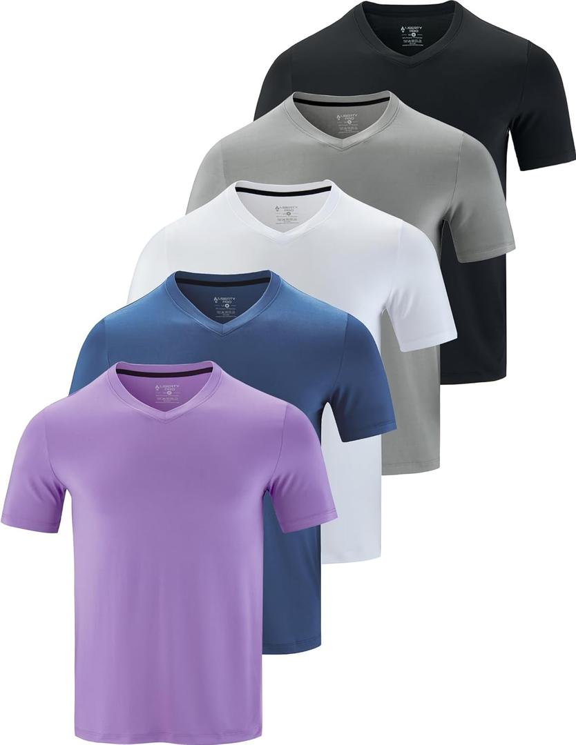 5 Pack Mens V-Neck Dry Fit T-Shirts, Active Athletic Short Sleeve Workout Tops, Performance Gym Tees (Large, Gray/Black/White/Dark Lavender/Soft Denim)