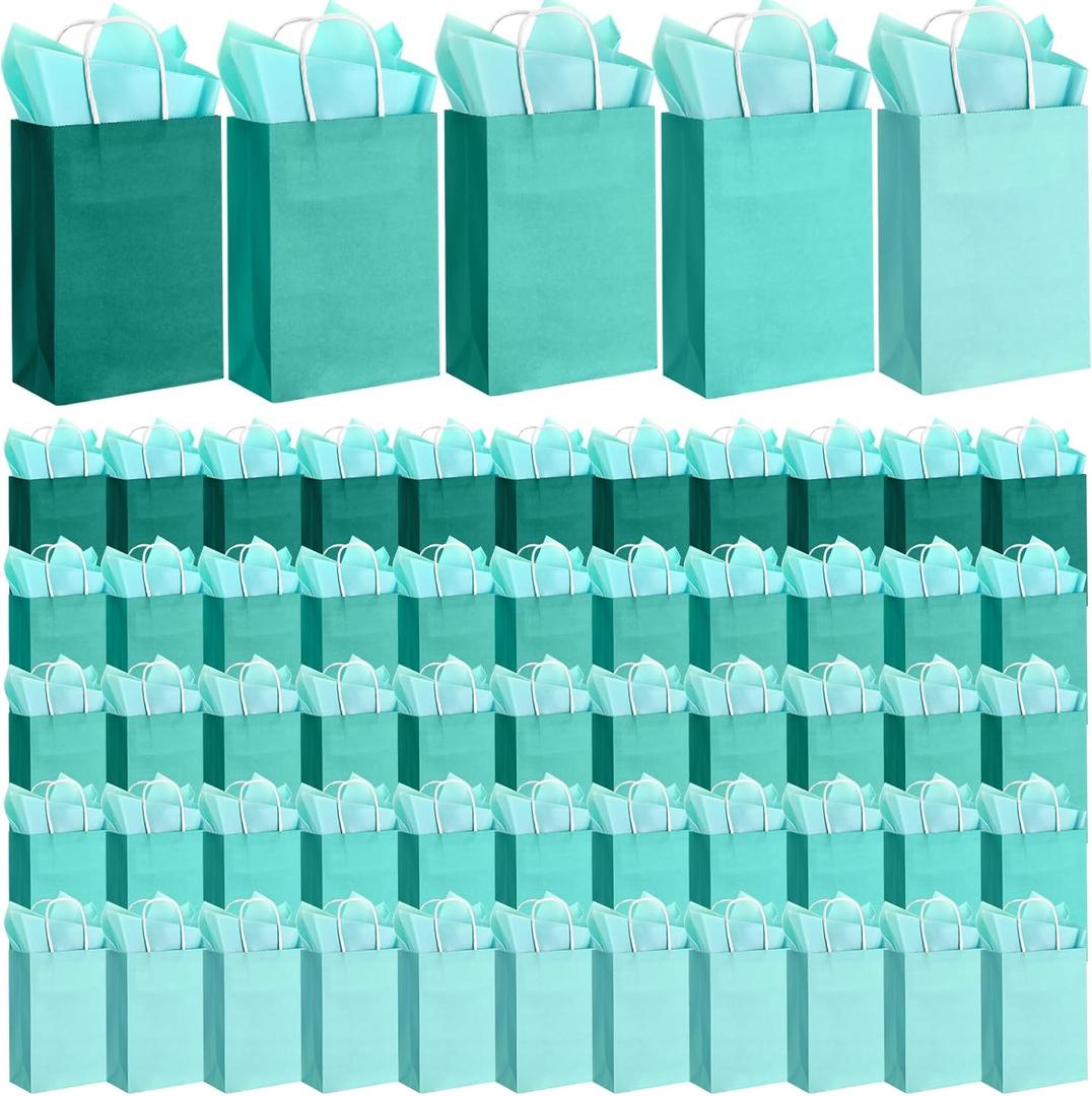 Kolldenn 50 Set Teal Blue Gift Bags with Tissue Paper 8.27 x 5.91 x 3.15 Inch Small Paper Bags with Handles Thank You Gift for Baby Shower Bridal Shower Wedding Party Favors Goodies