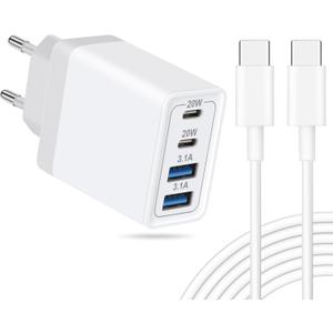 40W European iPhone 17 16 15 Charger Fast Charging, 4-Port US to Europe EU Travel Plug Adapter International USB C Wall Charger Block & 6FT USB C Cable Cord for iPhone 17/Air/16/15 Pro Max/Plus, iPad