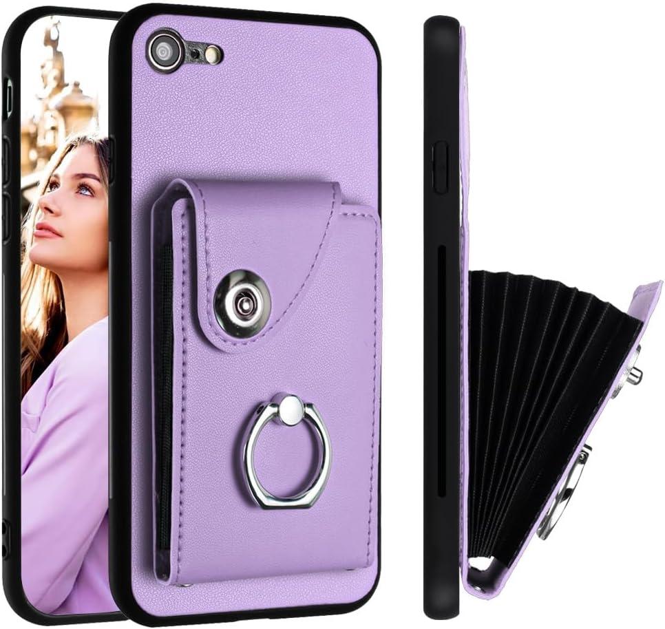 2 x LEMAXELERS for iPhone 16e Wallet Case with Credit Card Holder 360 Rotating Ring Stand Shockproof Protective Cover Snap Button Closure Case for iPhone 16e. Purple YBK