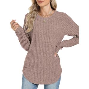 Motarto Lightweight Sweaters for Women Tunic Ribbed Tops Pull Over Casual Long Sleeve Shirts Plus Size Top for Daily Wear (Small, Coffee)