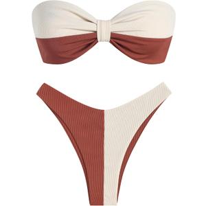 ZAFUL Women Strapless Ribbed High Cut Bandeau Bikini Lace Up 2 Pieces Swimwear (Medium, 7-coffee)