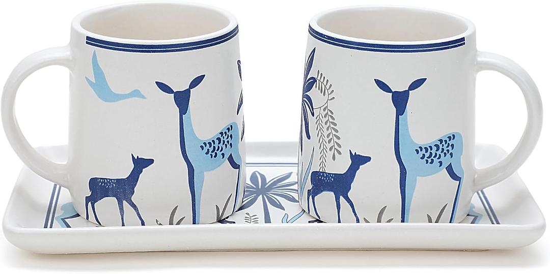 Ceramic Coffee Mugs with Handle Set  2-Piece 11 Oz Ceramic Coffee Cups & 9" Tray, Handmade White Color, Microwave Safe Gift Set for Tea Lovers, Home Kitchen Dcor (Blue Stag)