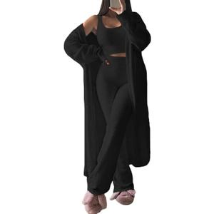 Fixmatti Women's Fuzzy 3 Piece Sweatsuit Open Front Cardigan Crop Tank Tops Wide Legs Pants Lounge Sets (Medium, 1-black)