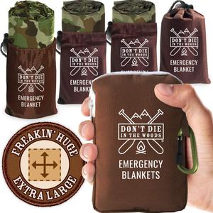 Don't Die In The Woods - Freakin Huge Emergency Blankets [4-Pack] Extra-Large Thermal Mylar Space Blankets with Ripstop Nylon Stuff Sacks + Carabiner Zipper Pack [Woodland Camo]