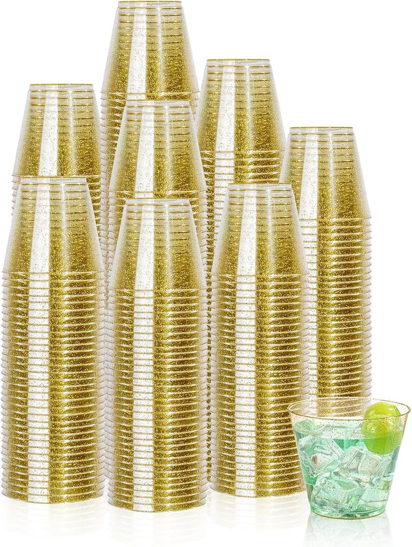 I00000 5oz 200 Pack Shot Glasses, Small Gold Glitter Disposable Plastic Cups, Plastic Party Cups, Whiskey, Great Container for Sauce, Medicine and Pudding