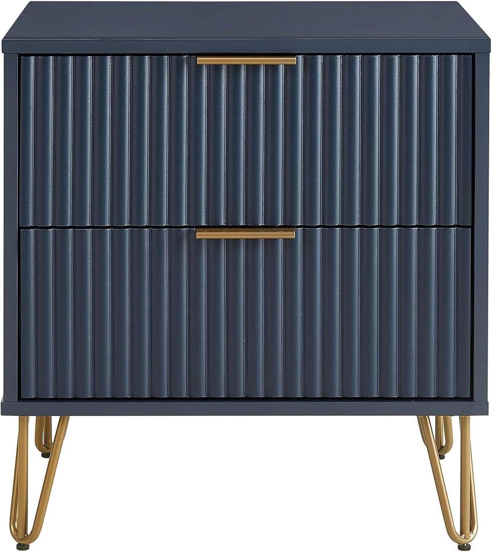 Manhattan Comfort Dumbo Fluted Nightstand with 2 Drawers, Gold Metal Legs and Metal Handles, Snap Tool-Free Assembly, Modern Bedside Accent Table with Storage for Bedroom, Living Room in Midnight Blue, Set of 1