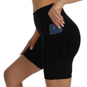 HOKOYI Women's High Waisted Spandex Biker Shorts 7" Gym Compression Shorts with Pockets Workout Running (Medium, Black)