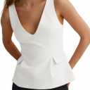 Tankaneo Womens Deep V Neck Suit Vest Peplum Summer Trendy Sleeveless Fitted Blazer Tank Tops Business Casual Blouses (Small, White)