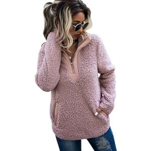 AQOTHES Womens Loose Casual Zipper Sherpa Fleece Pockets Pullover Sweatshirt for Women Pink,S