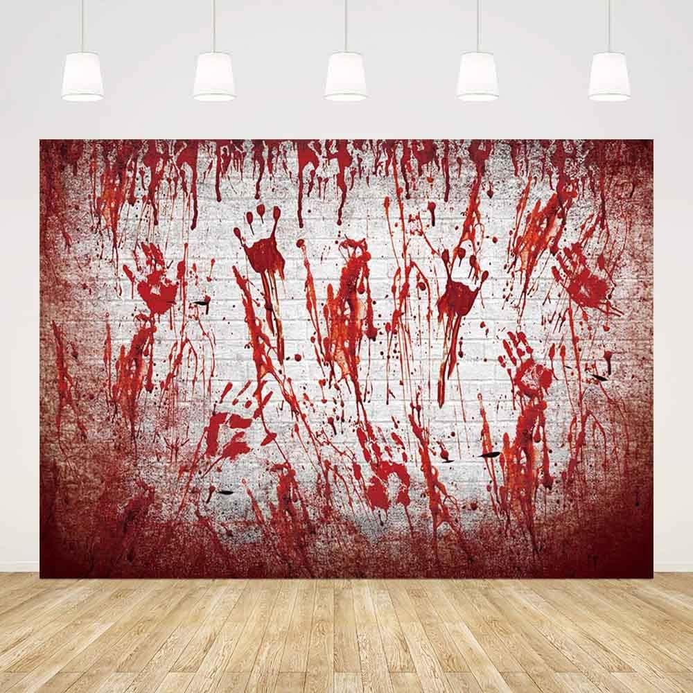 7x5ft Halloween Bloody White Brick Wall Backdrop Handprint Bloodstain Photography Background Scary Blood Splatter Horrible Halloween Party Decorations Banner Photo Props