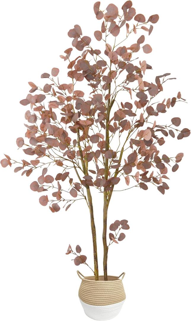 Warmplants Artificial Eucalyptus Tree, 6ft Fake Eucalyptus Plant with Basket, Red Silver Dollars Silk Leaves Faux Tree for Home Office Perfect Housewares Gift Decoration