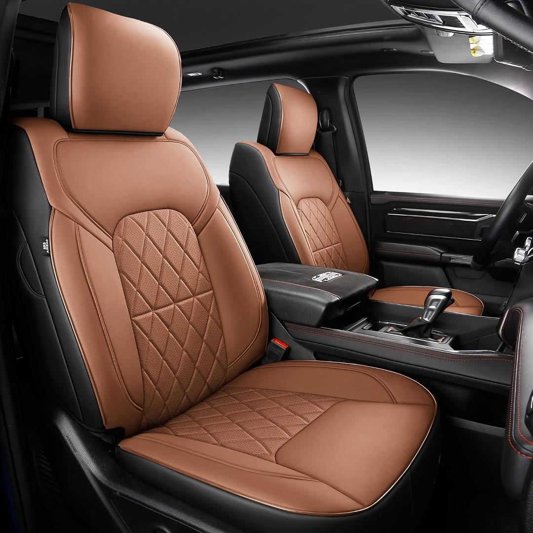 Car Seat Covers for 2019-2026 Dodge Ram 1500 Crew Cab - Full Set Nappa Leather - 46-Split Flat Rear Bench Design, Compatible with Big Horn/Rebel/Lone Star/HFE Trims(Black&Brown)