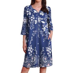 Ekouaer Zipper Robes for Women 3/4 Sleeves Housecoat Soft Nightgowns Sleepwear Mumu House Dresses with Pockets (XX-Large, Evening Blue Vines)