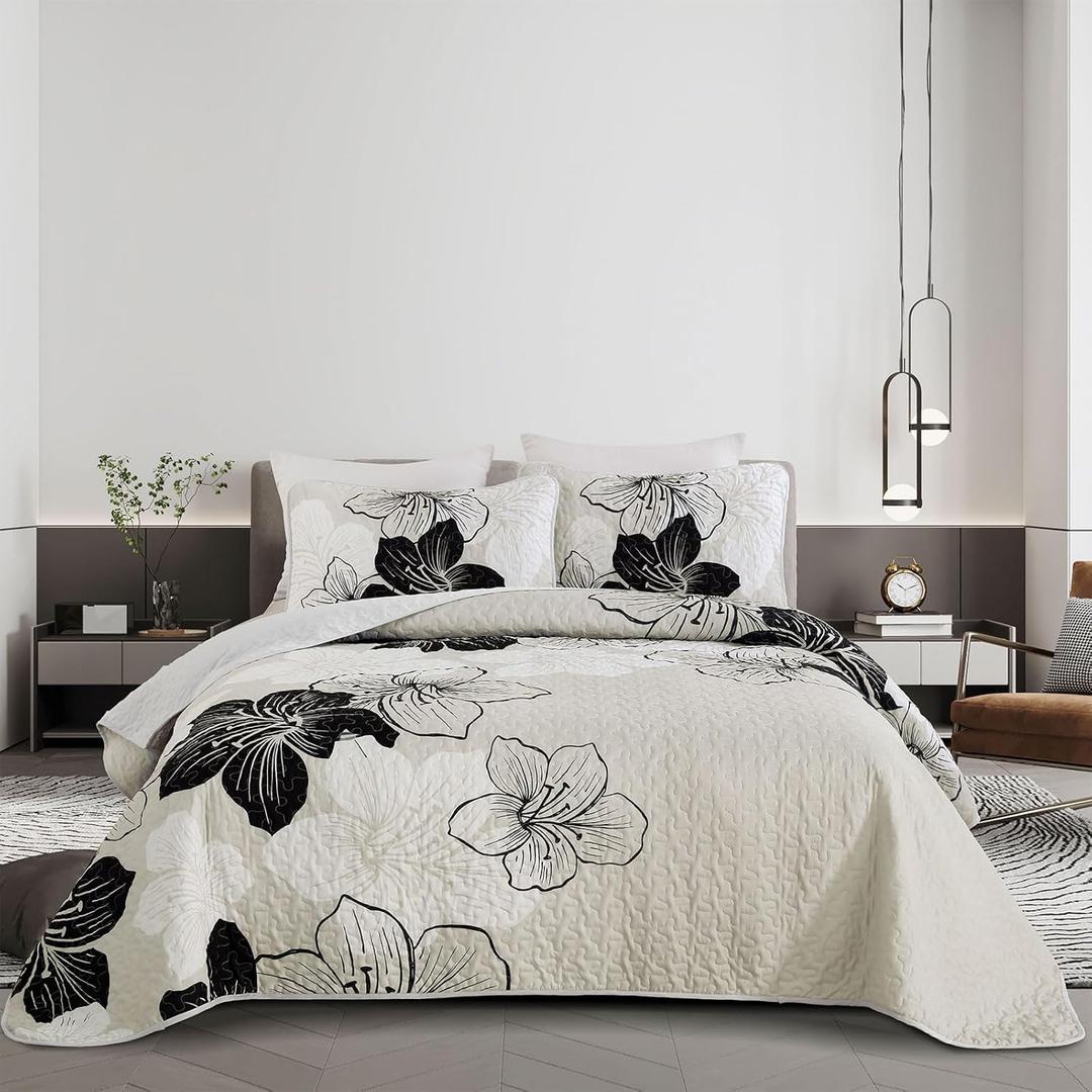 DJY Black White Quilt Set King 3 Pieces Floral Bedding Quilt Set Soft Botanical Bedspread with 2 Pillow Shams Lightweight Flower Quilt Coverlet Set for All Season 104''x 90''