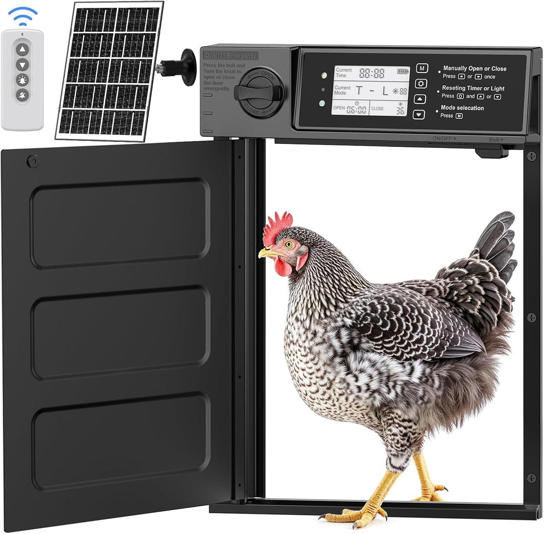 Large Size Automatic Chicken Coop Door Solar - Powered Auto Chicken Door Opener, Automatic Chicken Door with Timer/Light Sensor Modes, Intelligent Obstacle Sensors, Remote Control, 14.76"H x 11.02"L