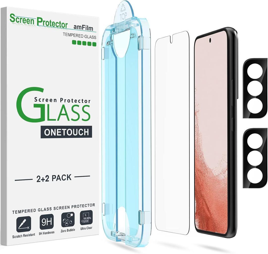 amFilm OneTouch Screen Protector for Samsung Galaxy S22 Plus 6.6 inch, Samsung Galaxy S22 + 6.6 inch, 9H Hardness with Camera Lens Protector, Bubble Free, Tempered Glass, 2 Pack