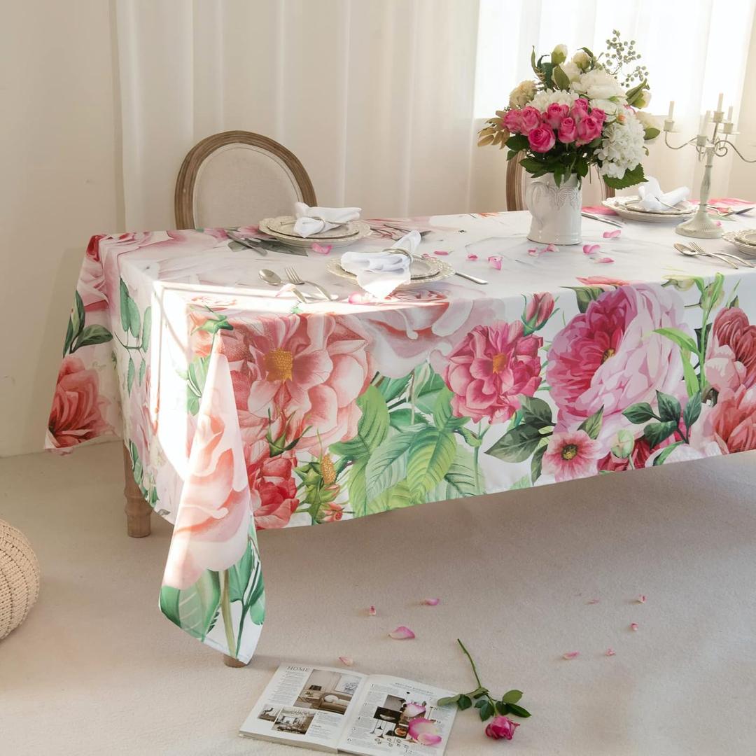 Pink Roses Rectangle Tablecloth 60x84 Inch, Waterproof Summer Floral Table Cover Rosette Table Cloth, Red Rose Rectangular Table Dcor Washable Fabric for Party, Picnic, Camping, Kitchen, Dining Room