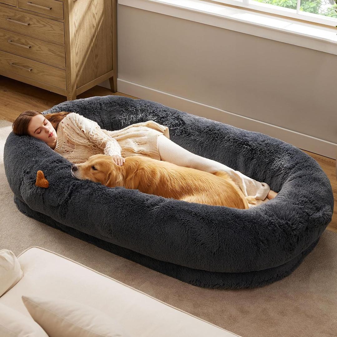 Bedsure Human Dog Bed for Adult, Plush Giant Calming Nest Bed Orthopedic
71" Human Size Dog Bed Washable with Storage Pocket, Supportive Bolster, Egg Foam, Non-Slip Bottom, Fluffy Faux Fur,Dark Grey