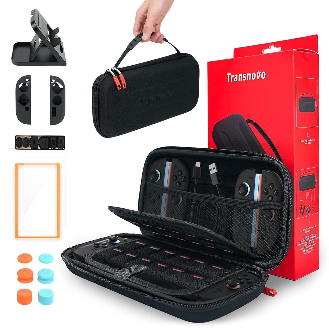 TRANSNOVO Carrying Case for Nintendo Switch 2 2025 - All in One Switch 2 Travel Case with 24 Game Card Slots and Bundle Accessories Screen Protector, 6 Thumb Grip, Stand, Joycon Cover, 6 Dust-Stopper