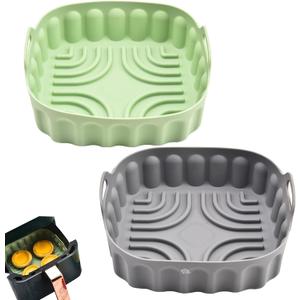 2-Pack Square Air Fryer Silicone Pot, A safe and non Stick Air Fryer,Reusable Baking Tray And Oven Accessories;Suitable For 4QT -8QT Air Fryers (Gray+Green)