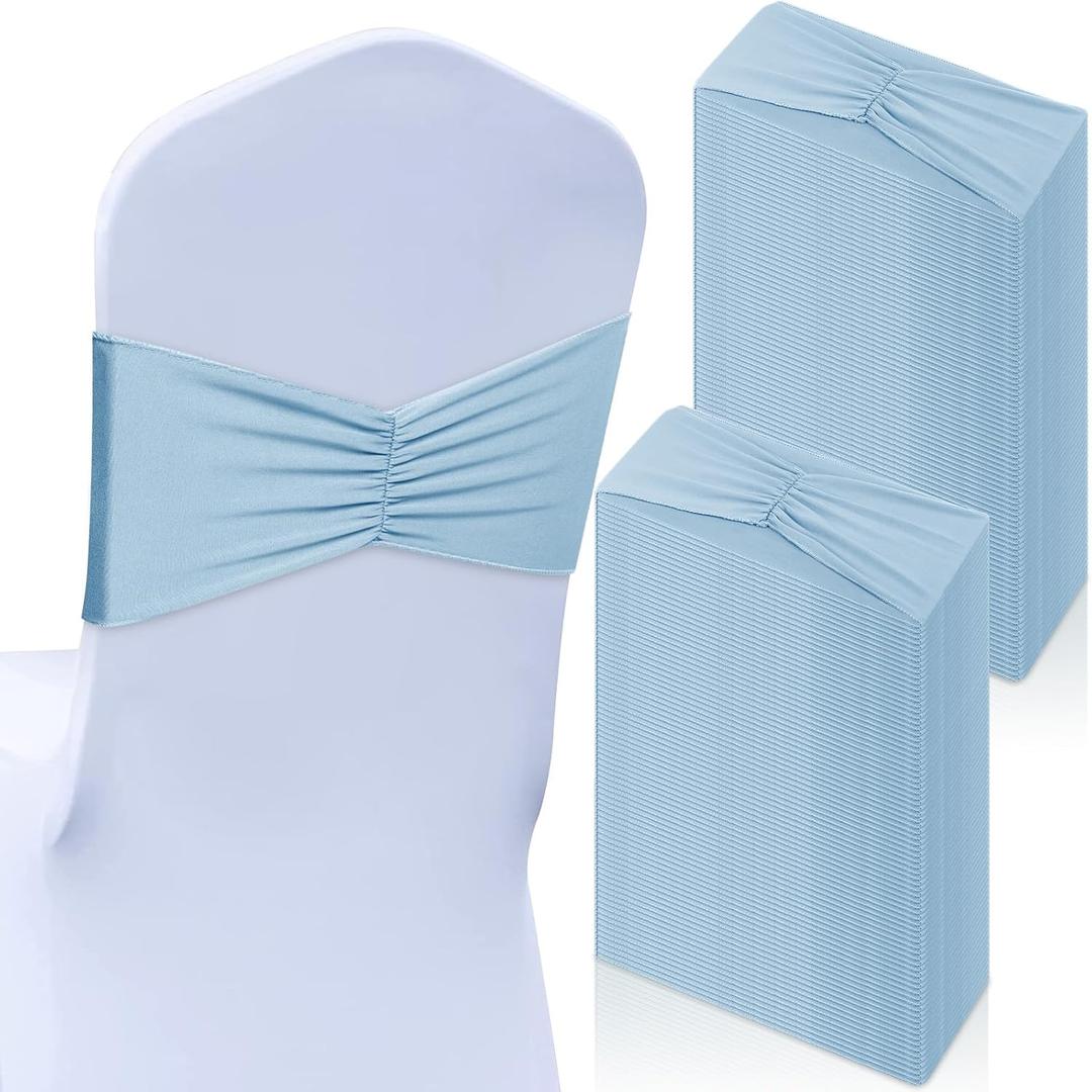 Moukeren 50 Pcs Spandex Chair Sashes Bows Stretch Chair Bands Slider Sashes Elastic Ties Ribbon Covers for Wedding Party Events Ceremony Birthday Banquet Decorations(Sky Blue)