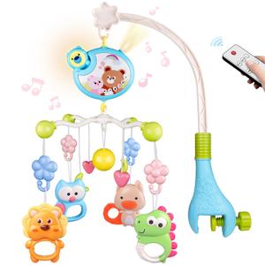Crib Mobile with Music and Lights, Baby Mobiles for Cribs, Nursery Musical Mobile for Bassinets Toys Hanging Girls Boys, Pack and Play Space Portable Animal Mobile Hanger Arm Clip On Attachment (Blue)