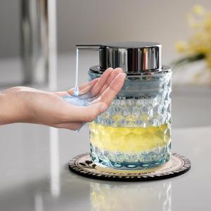 Hand Soap Dispenser Glass, Refillable Liquid Dispenser for Bathroom & Kitchen,Lotion Dispenser with Large Silver PumpDiamond Pattern-Blue