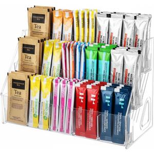 3-Tier Acrylic Drink Packet Organizer with 15 Compartments, Sugar Packets Drink Mix Organizer, Water Flavor Packet Holder for Kitchen Pantry Cabinet Storage,Coffee Station
