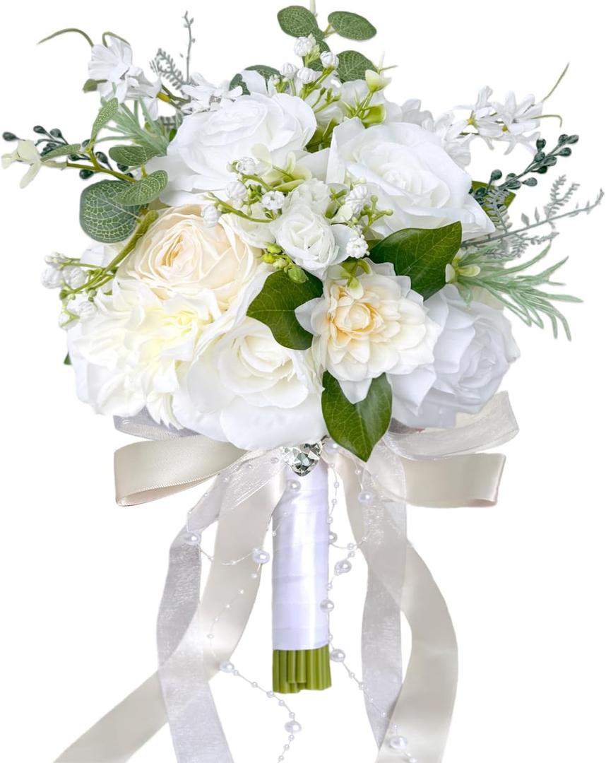 9 Inch Ivory White Wedding Bouquets for Bride Bridesmaid Champagne Rose Bridal Bouquet Artificial Fake Silk Cream Flowers Pearl Chains French Vintage Boho Rustic Church Decoration Toss Bouquet Prom